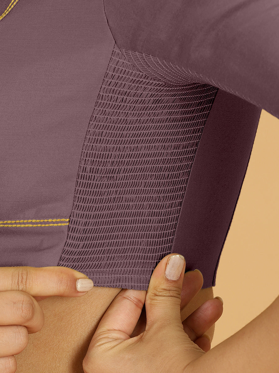 Erum x Rozaana Saree Blouse, in Purple Viscose, featuring elbow sleeves and curved v-neckline, made for daily & work (view 3).