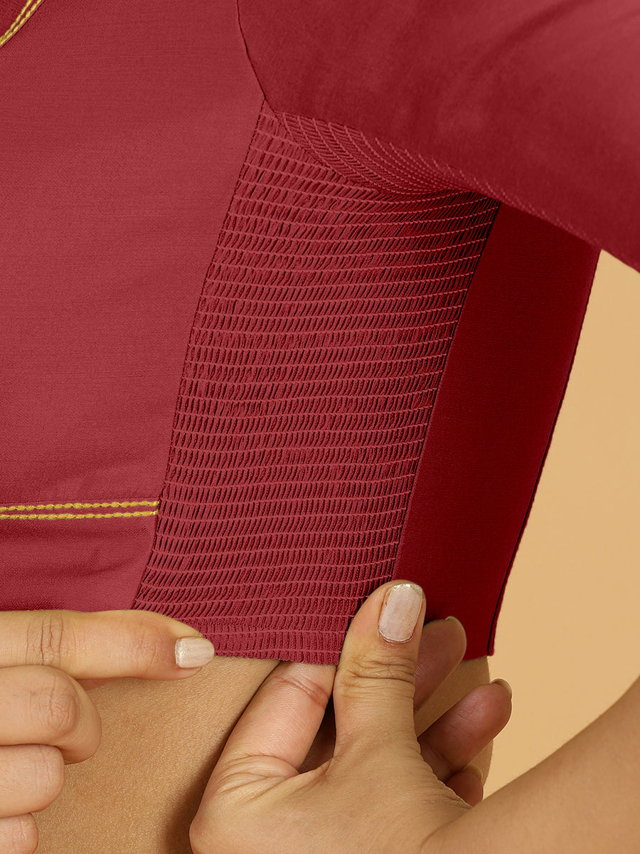 Erum x Rozaana Saree Blouse, in Red Viscose, featuring elbow sleeves and curved v-neckline, made for daily & work (view 3).