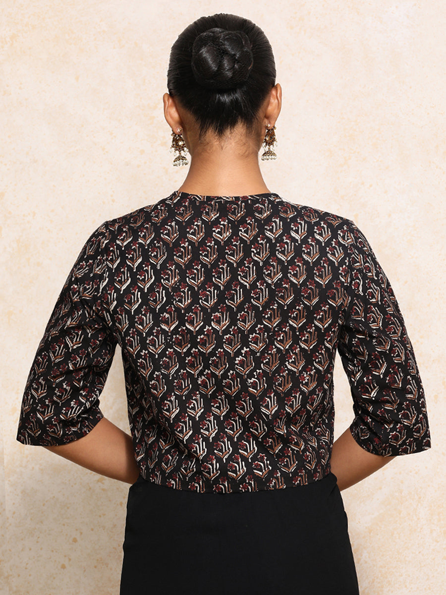 Eshani x Rozaana Saree Blouse, in Black 100% Cotton - Block Printed, featuring elbow sleeves and jewel neckline (view 2).