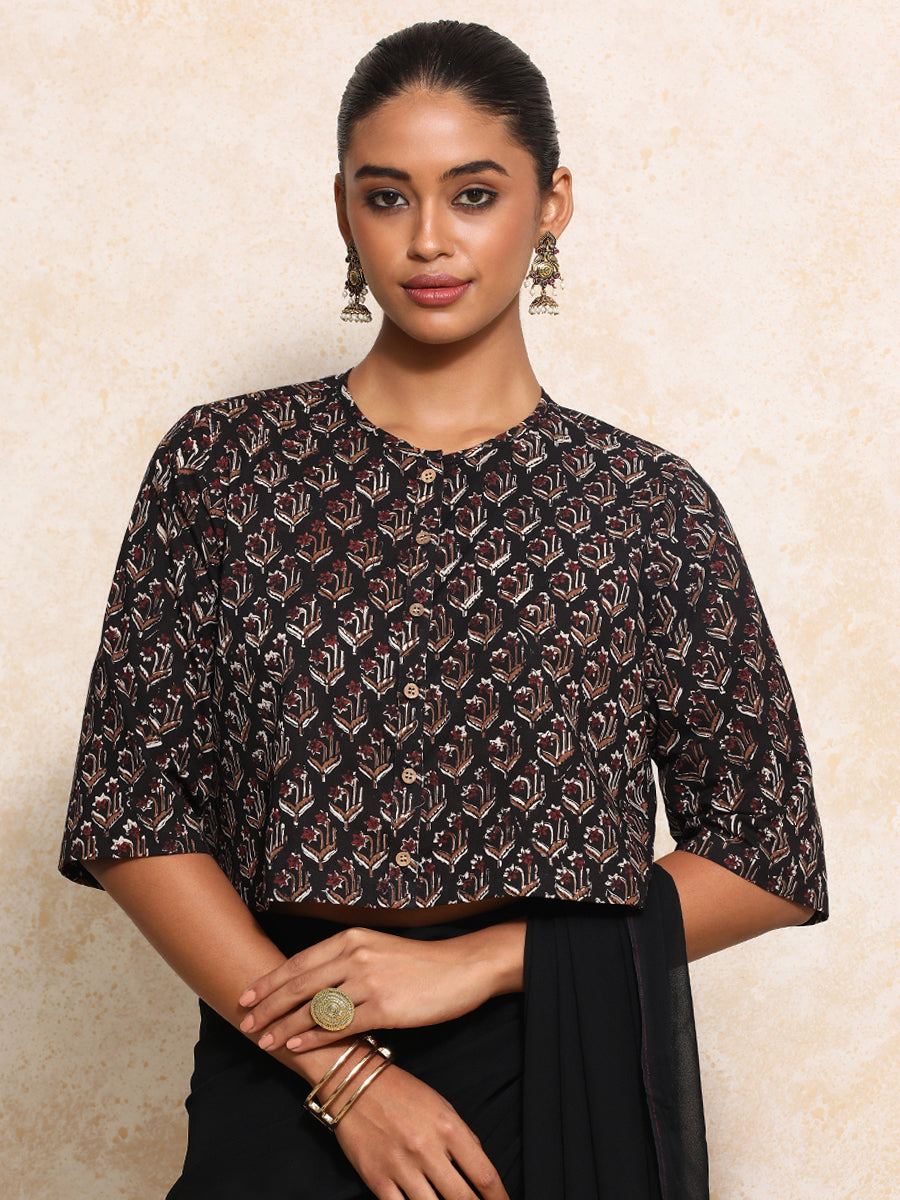 Eshani x Rozaana Saree Blouse, in Black 100% Cotton - Block Printed, featuring elbow sleeves and jewel neckline (view 5).