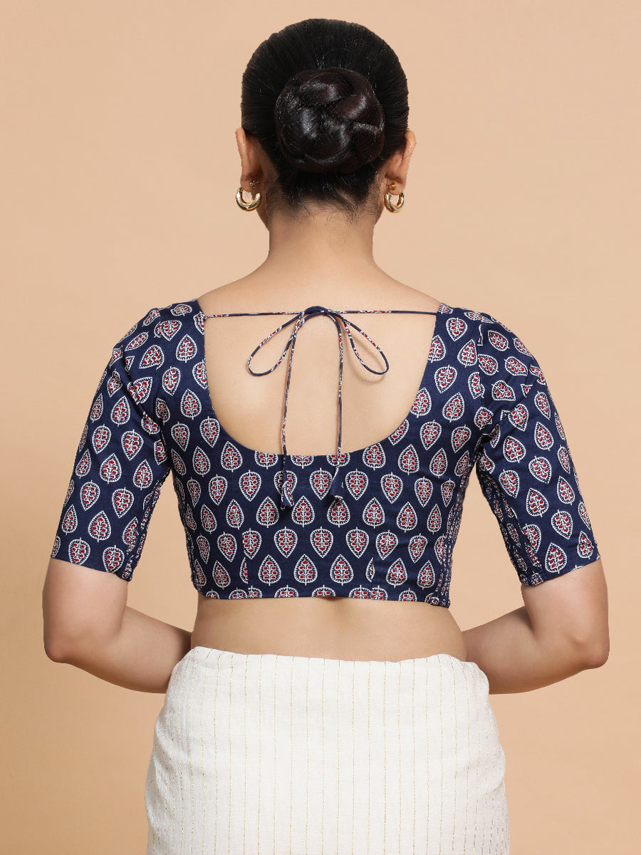 Falguni x Rozaana Saree Blouse, in Blue Cotton, featuring elbow sleeves and round neckline, made for daily & work (view 2).