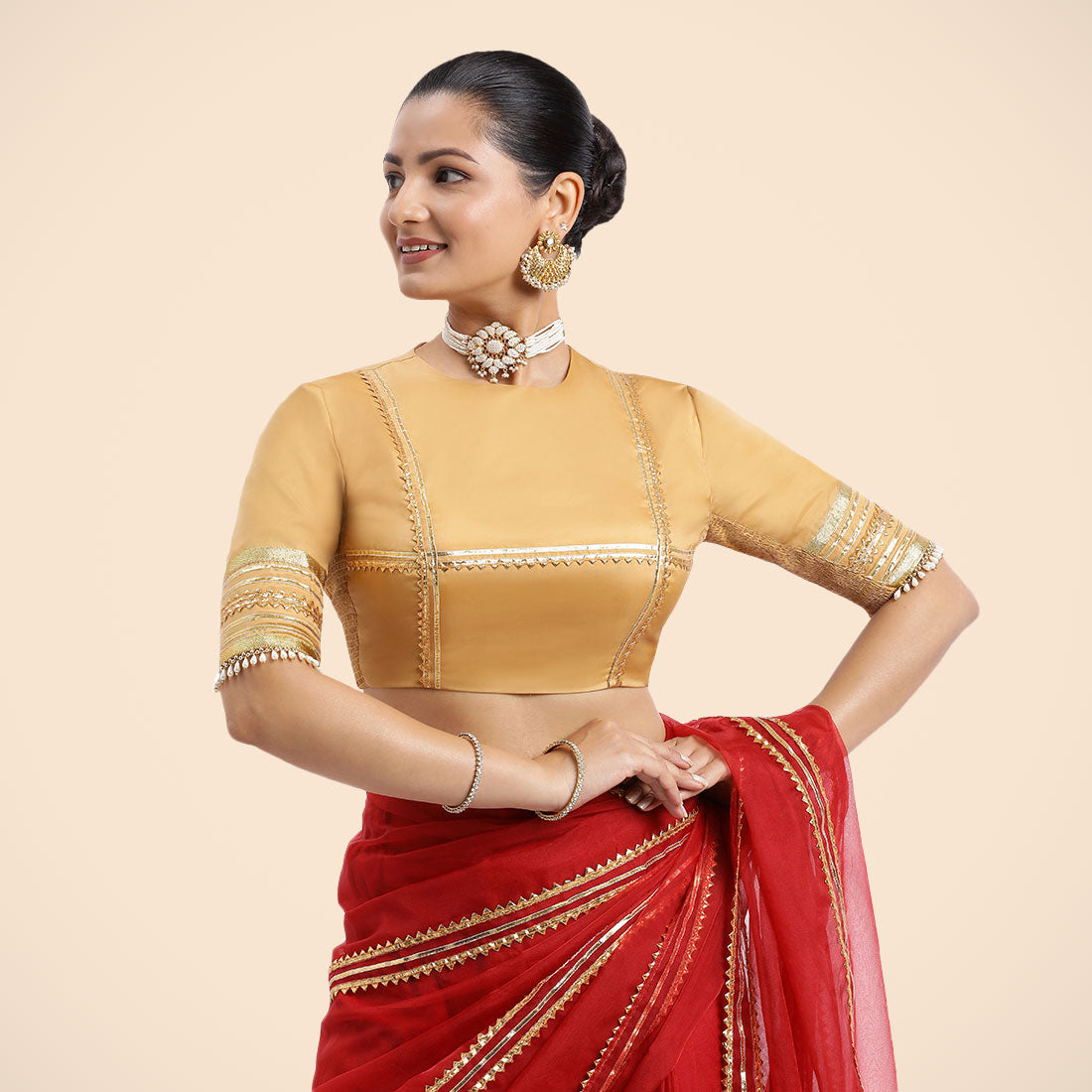 Farheen x Tyohaar Saree Blouse, in Gold Vegan Silk, featuring elbow sleeves, made for party & festive.