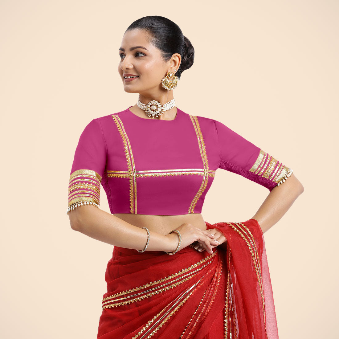 Farheen x Tyohaar Saree Blouse, in Pink Vegan Silk, featuring elbow sleeves and jewel neckline, made for party & festive.