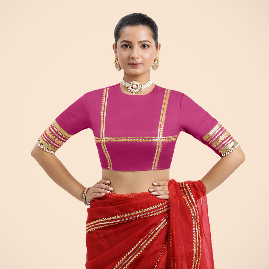 Farheen x Tyohaar Saree Blouse, in Pink Vegan Silk, featuring elbow sleeves and jewel neckline, made for party & festive.