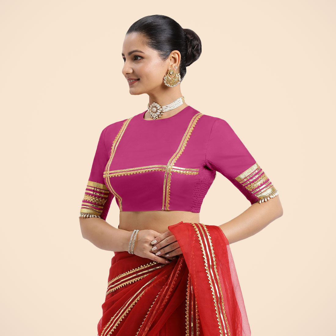 Farheen x Tyohaar Saree Blouse, in Pink Vegan Silk, featuring elbow sleeves and jewel neckline, made for party & festive.