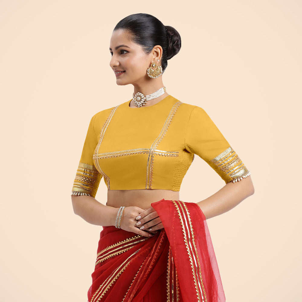 Farheen x Tyohaar | Elbow Sleeves Marigold Yellow FlexiFit™ Gota Embellished Saree Blouse with Jewel Neck