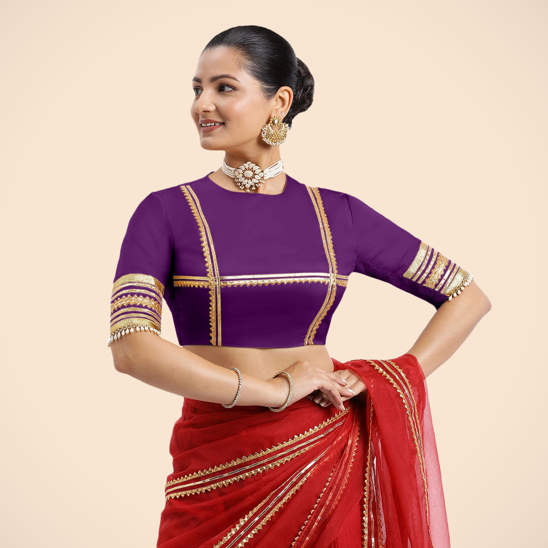 Farheen x Tyohaar Saree Blouse, in Purple Vegan Silk, featuring elbow sleeves, made for party & festive.