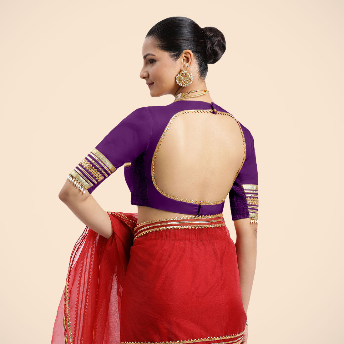 Farheen x Tyohaar Saree Blouse, in Purple Vegan Silk, featuring elbow sleeves, made for party & festive (view 6).