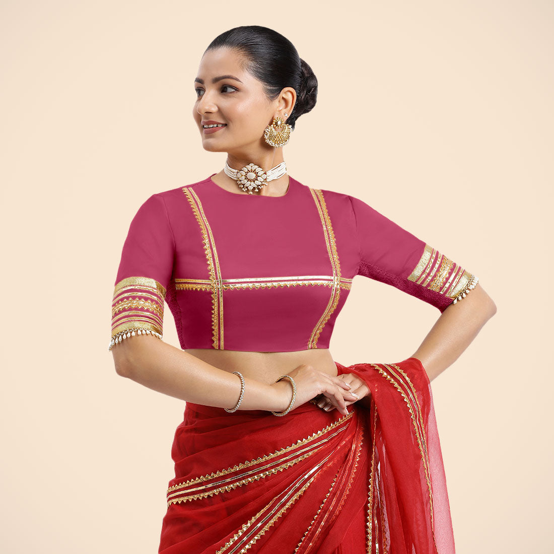 Farheen x Tyohaar Saree Blouse, in Pink Vegan Silk, featuring elbow sleeves, made for party & festive (view 6).