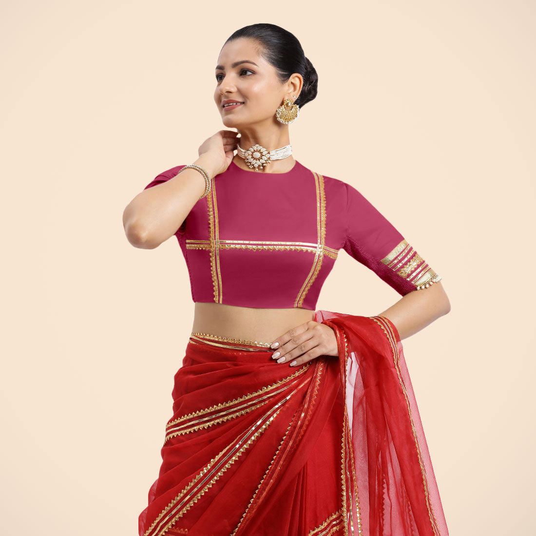 Farheen x Tyohaar Saree Blouse, in Pink Vegan Silk, featuring elbow sleeves, made for party & festive (view 7).