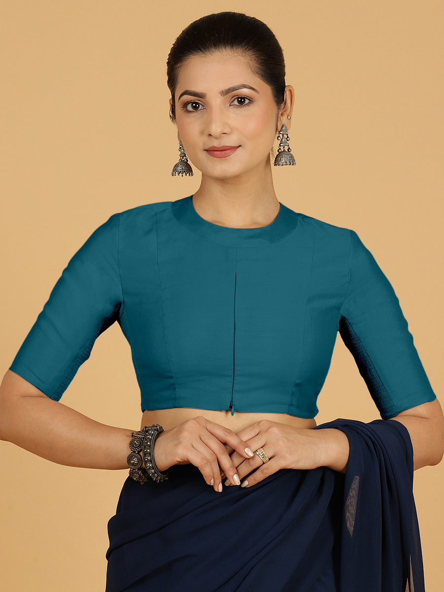Farida x Rozaana Saree Blouse, in Blue Viscose, featuring elbow sleeves and round neckline, made for daily & work.
