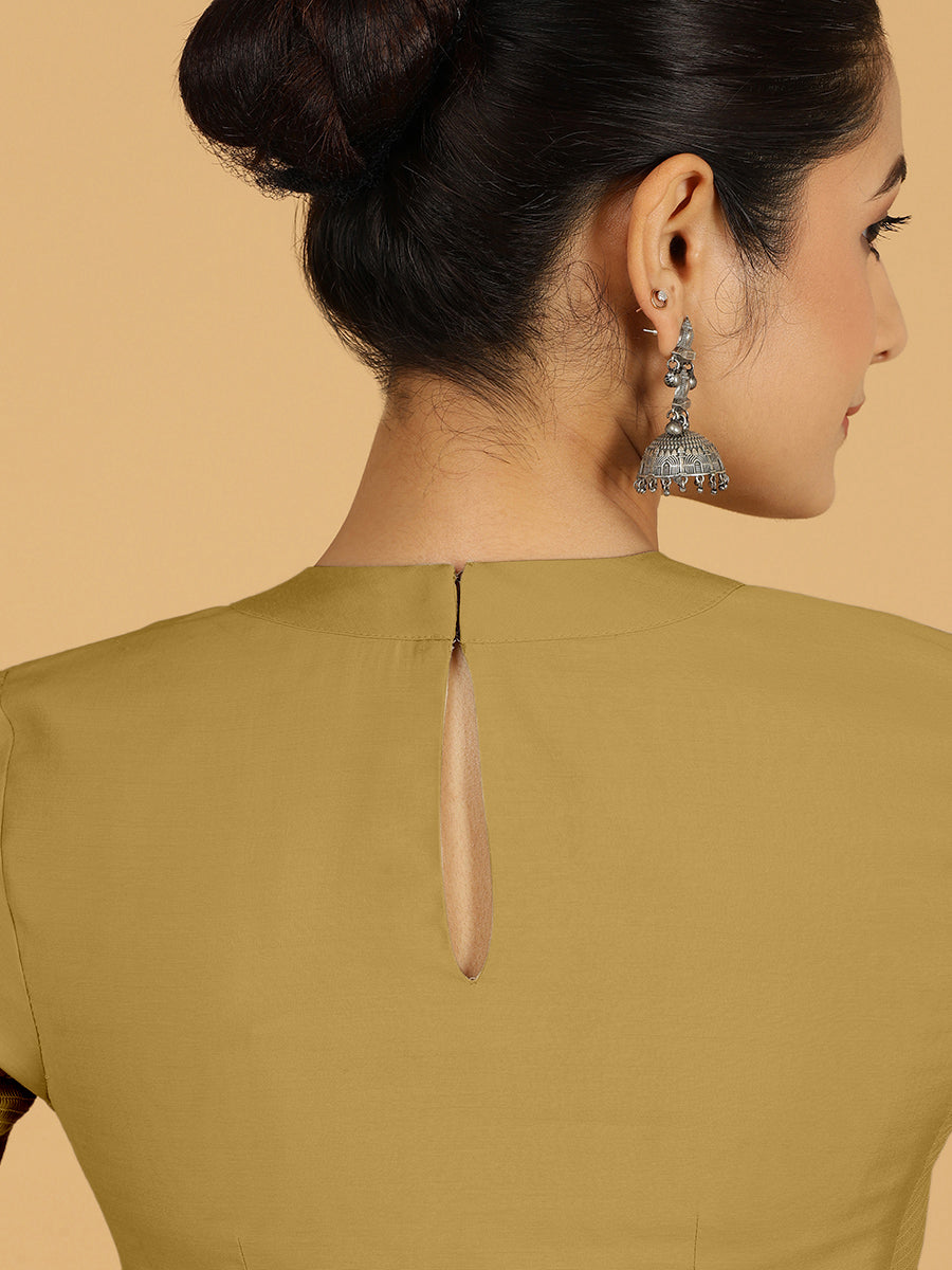 Farida x Rozaana Saree Blouse, in Yellow Viscose, featuring elbow sleeves and round neckline, made for daily & work (view 2).