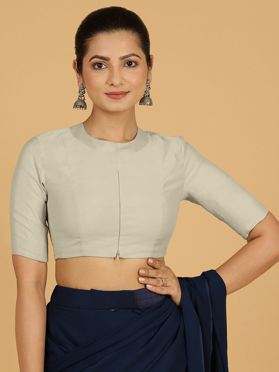 Farida x Rozaana Saree Blouse, in Cream Viscose, featuring elbow sleeves and round neckline, made for daily & work.