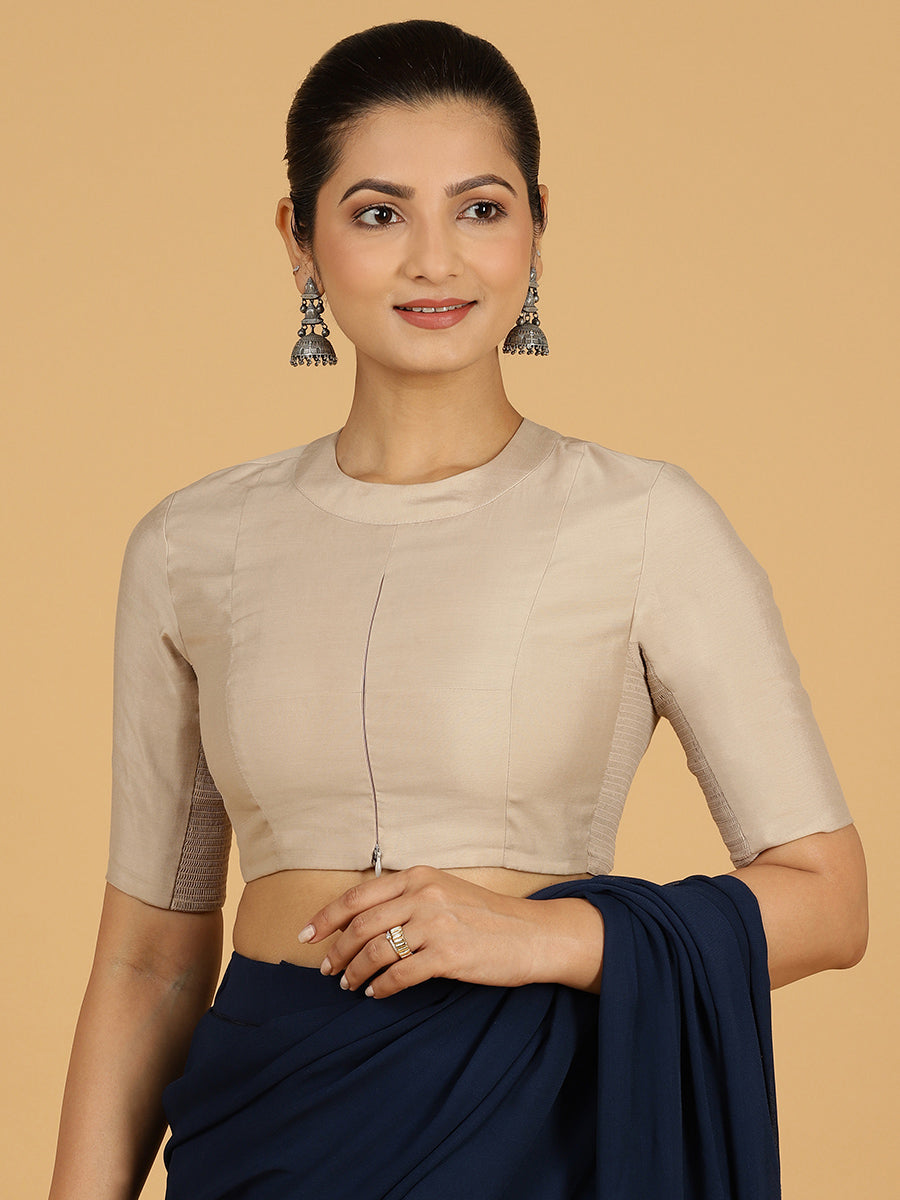 Farida x Rozaana Saree Blouse, in Grey Viscose, featuring elbow sleeves and round neckline, made for daily & work (view 7).