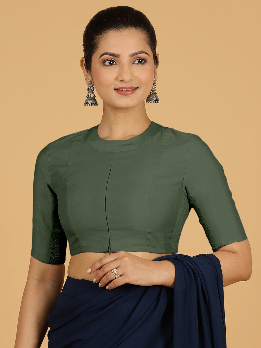 Farida x Rozaana Saree Blouse, in Green Viscose, featuring elbow sleeves and round neckline, made for daily & work (view 6).