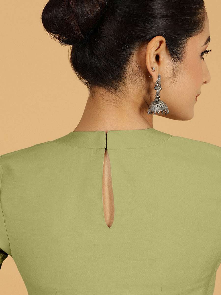 Farida x Rozaana Saree Blouse, in Green Viscose, featuring elbow sleeves and boat neckline, made for daily & work (view 2).
