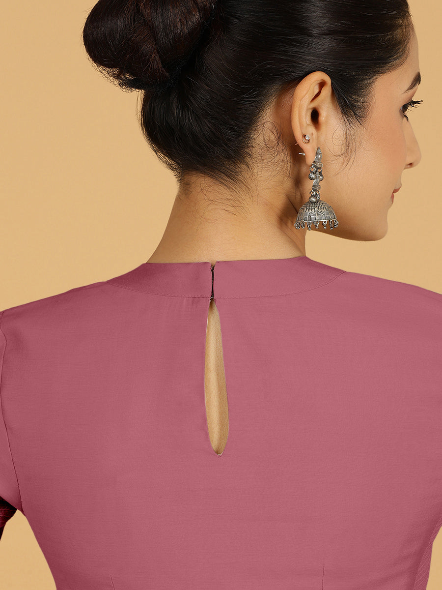 Farida x Rozaana Saree Blouse, in Pink Viscose, featuring elbow sleeves and round neckline, made for daily & work (view 2).
