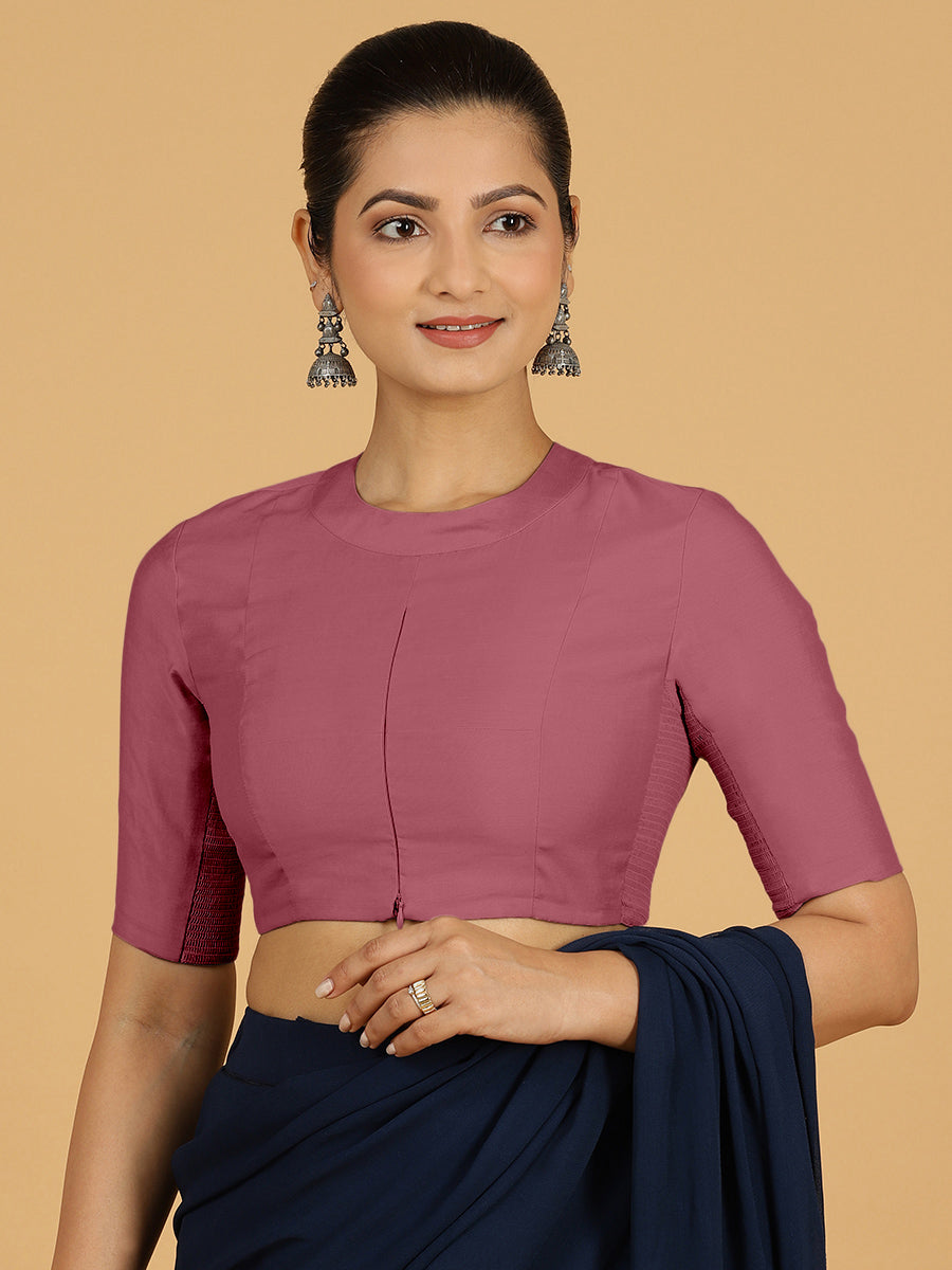 Farida x Rozaana Saree Blouse, in Pink Viscose, featuring elbow sleeves and round neckline, made for daily & work (view 6).