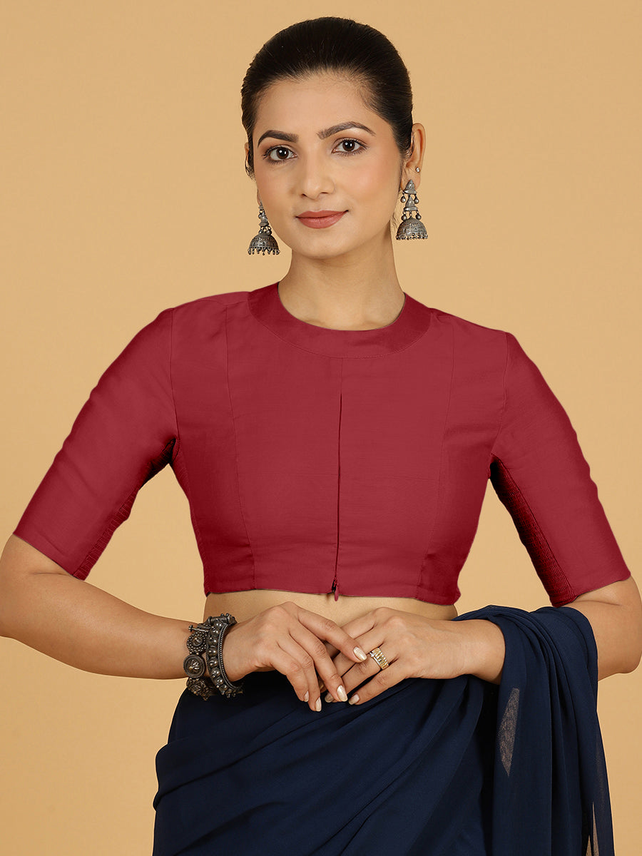 Farida x Rozaana Saree Blouse, in Red Viscose, featuring elbow sleeves and round neckline, made for daily & work.