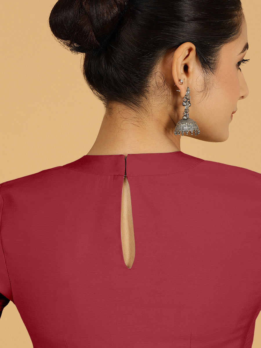 Farida x Rozaana Saree Blouse, in Red Viscose, featuring elbow sleeves and round neckline, made for daily & work (view 2).