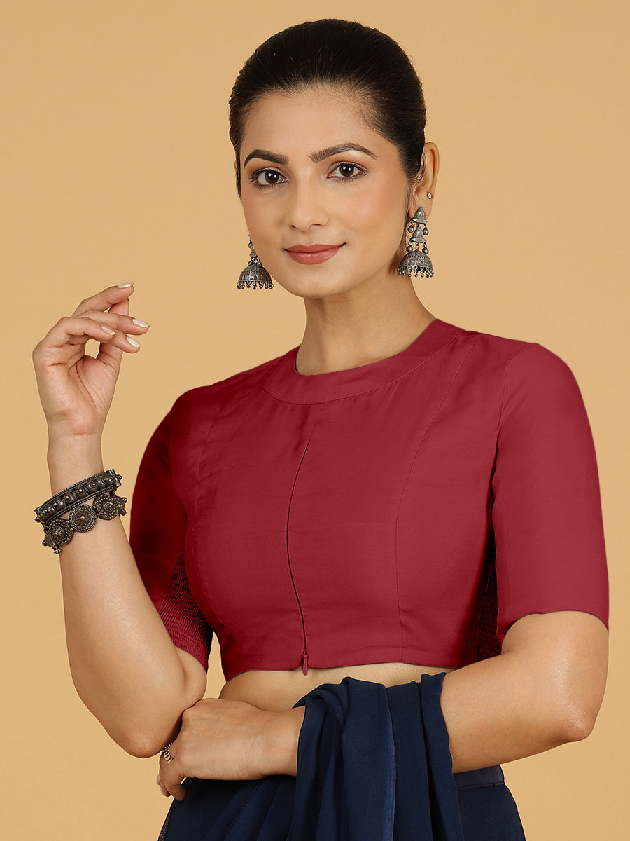 Farida x Rozaana Saree Blouse, in Red Viscose, featuring elbow sleeves and round neckline, made for daily & work (view 7).