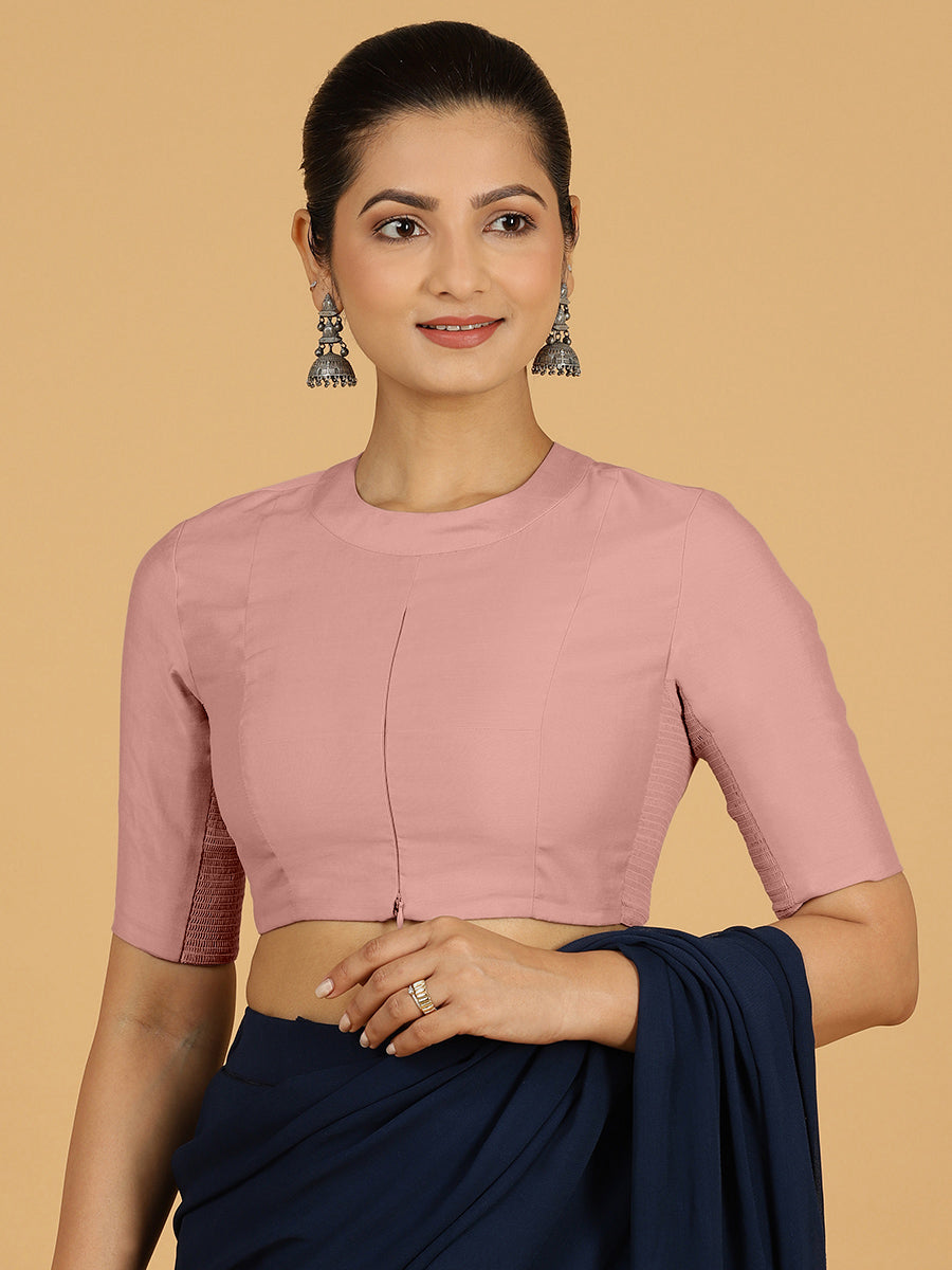 Farida x Rozaana Saree Blouse, in Pink Viscose, featuring elbow sleeves and round neckline, made for daily & work (view 6).