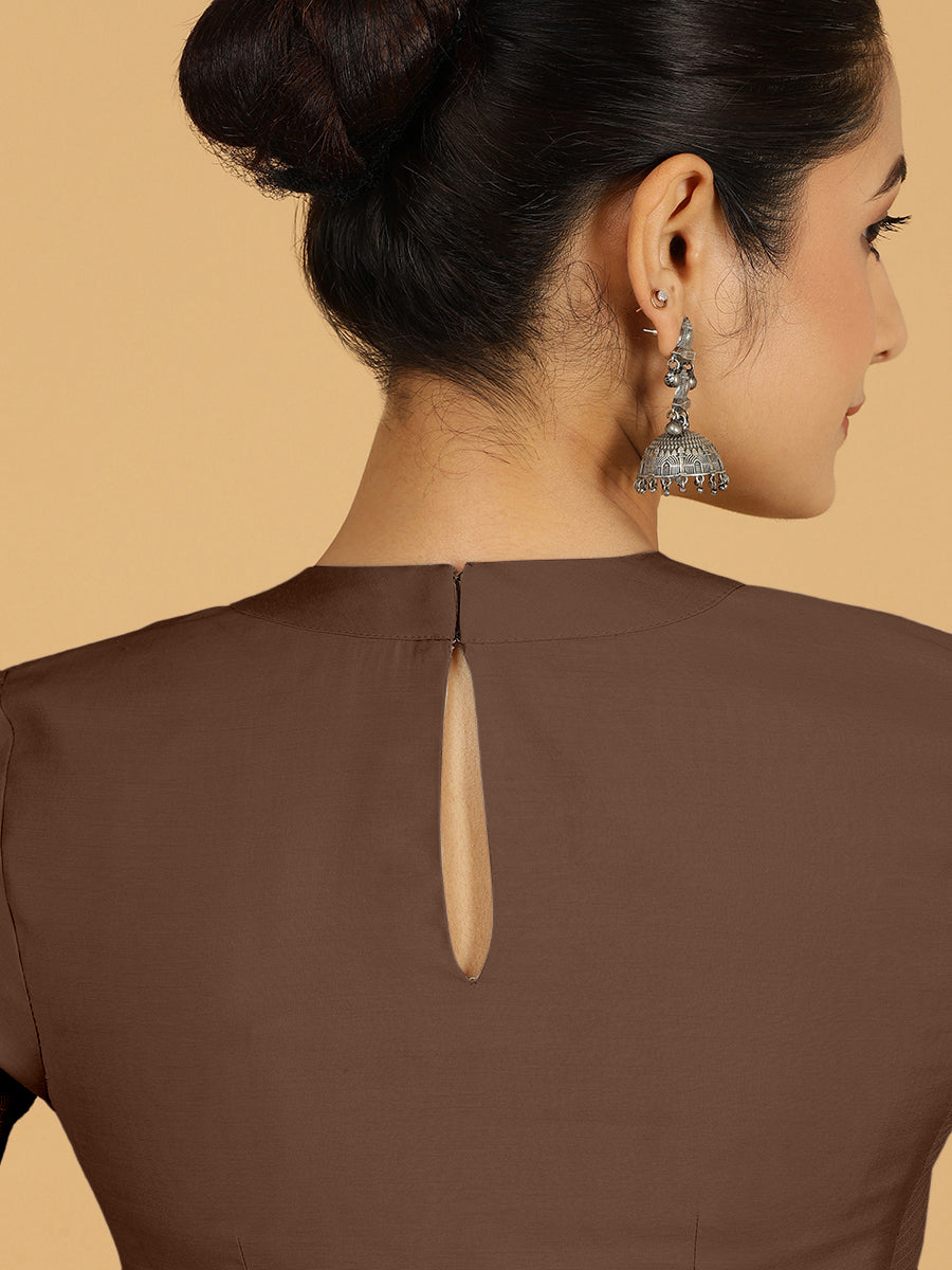 Farida x Rozaana Saree Blouse, in Brown Viscose, featuring elbow sleeves and round neckline, made for daily & work (view 2).