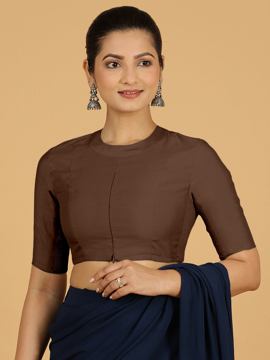 Farida x Rozaana Saree Blouse, in Brown Viscose, featuring elbow sleeves and round neckline, made for daily & work (view 6).