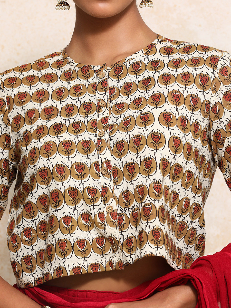Farzana x Rozaana Saree Blouse, in Cream 100% Cotton - Block Printed, featuring elbow sleeves and jewel neckline (view 3).
