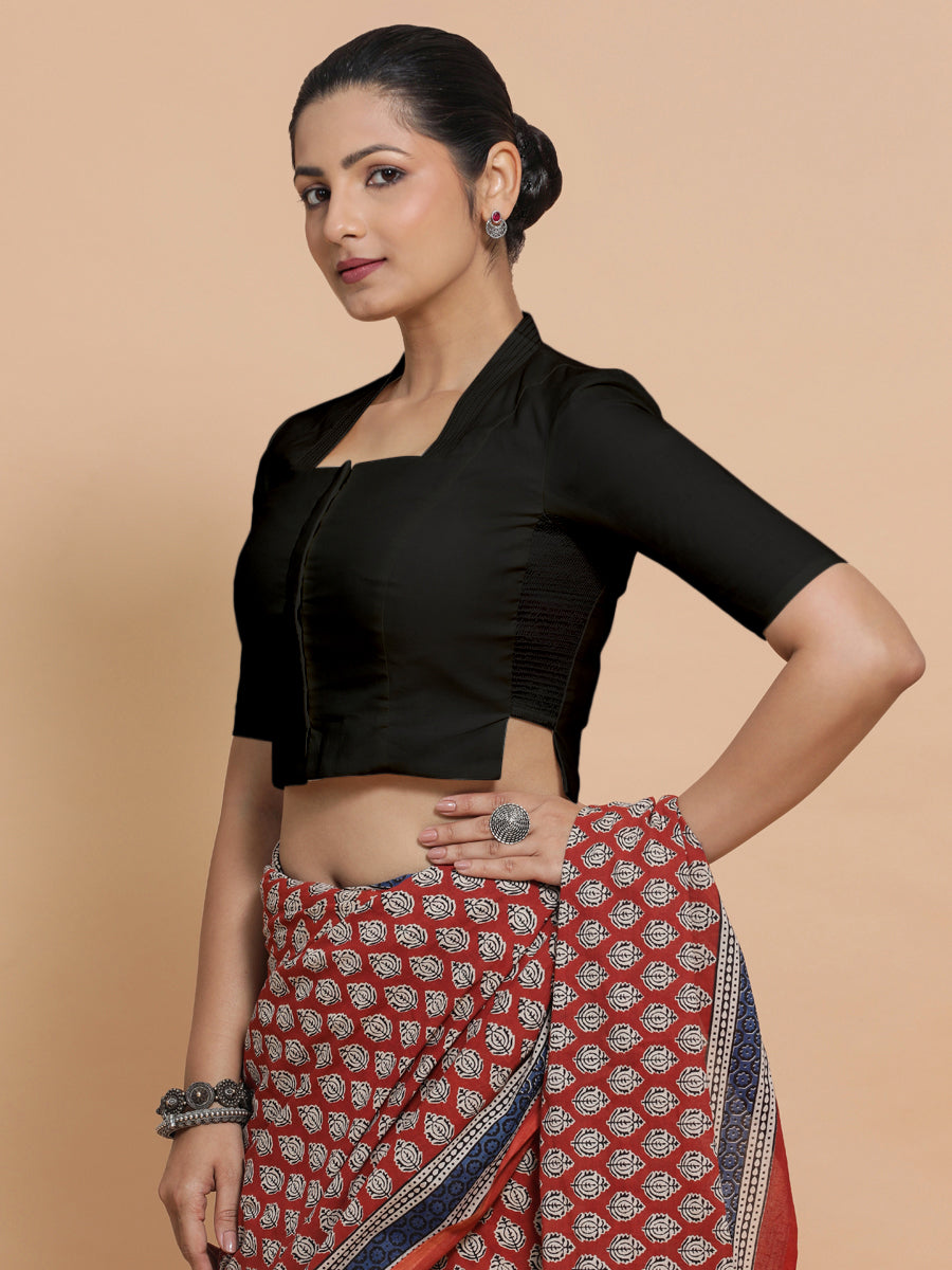 Ganga x Rozaana Saree Blouse, in Black Cotton, featuring elbow sleeves and stylised neckline, made for daily & work (view 5).