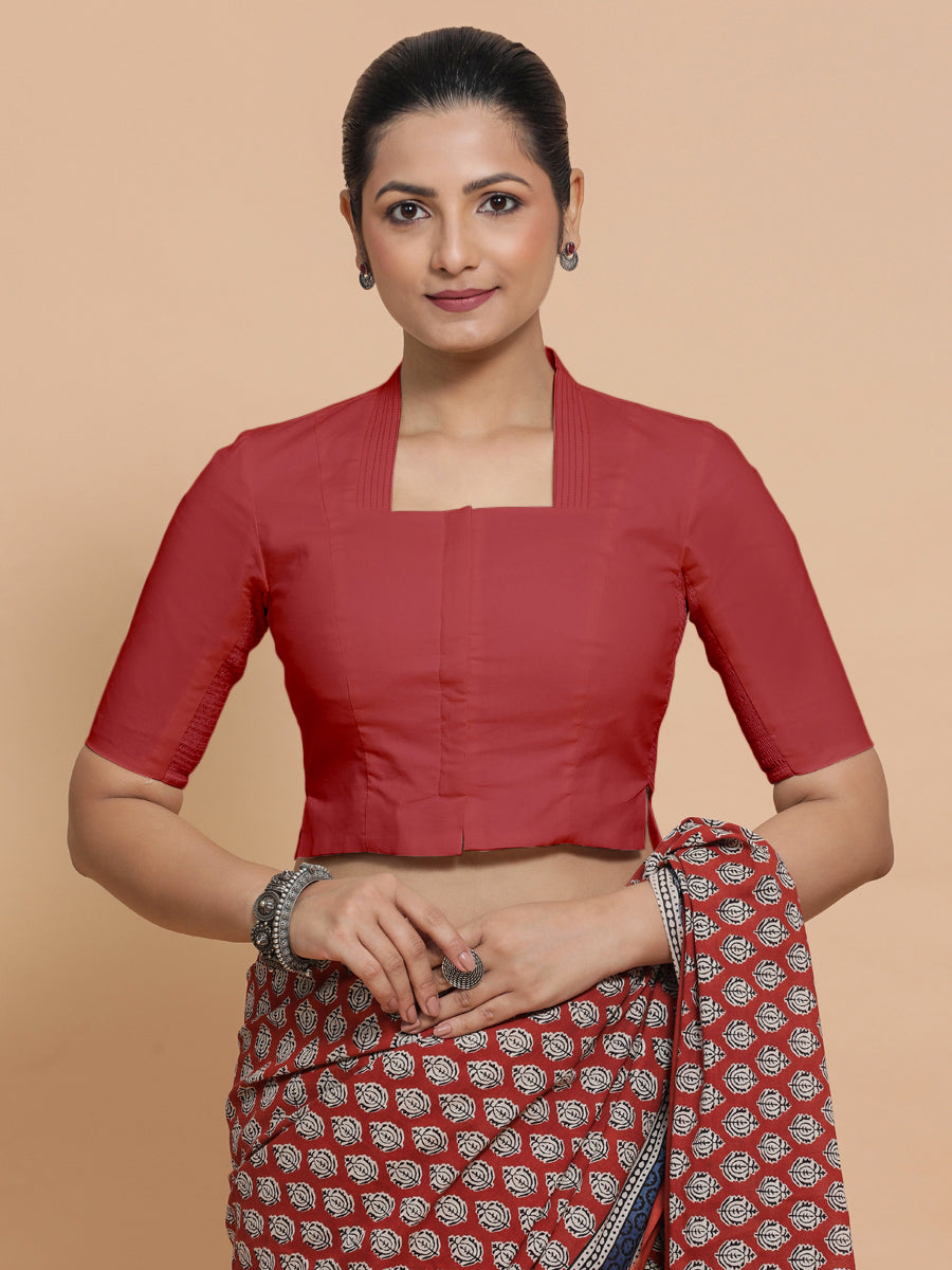 Ganga x Rozaana Saree Blouse, in Red 100% Cotton - Solid, featuring elbow sleeves and stylised neckline.