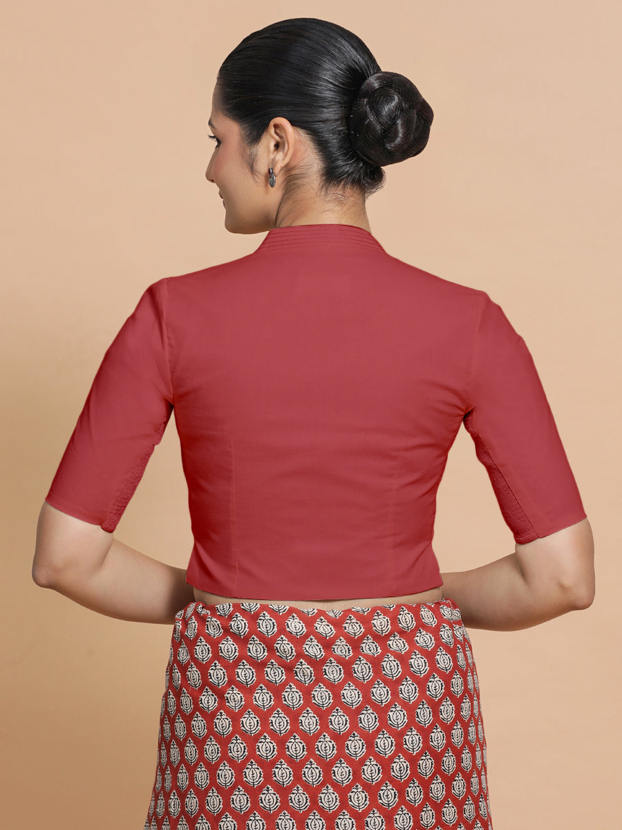 Ganga x Rozaana Saree Blouse, in Red 100% Cotton - Solid, featuring elbow sleeves and stylised neckline (view 2).