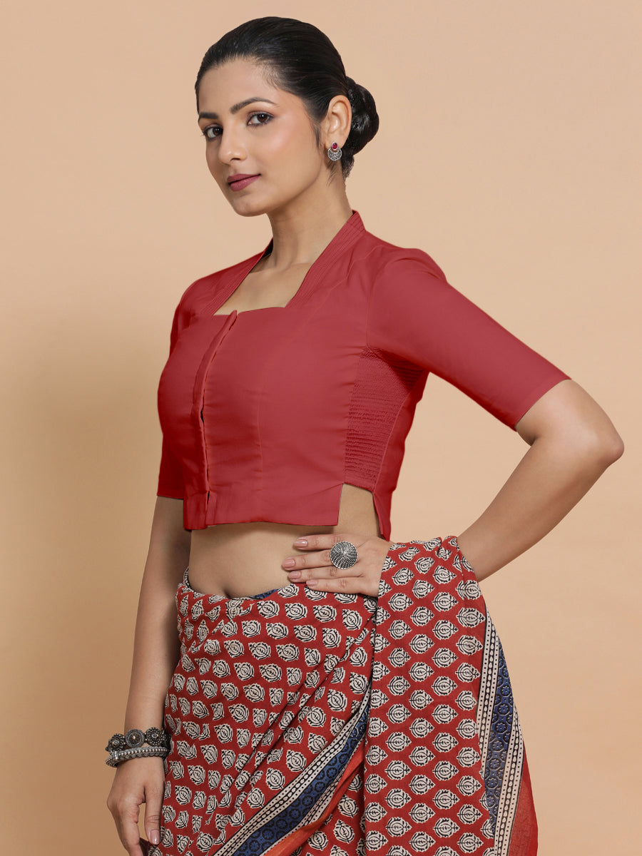 Ganga x Rozaana Saree Blouse, in Red 100% Cotton - Solid, featuring elbow sleeves and stylised neckline (view 6).