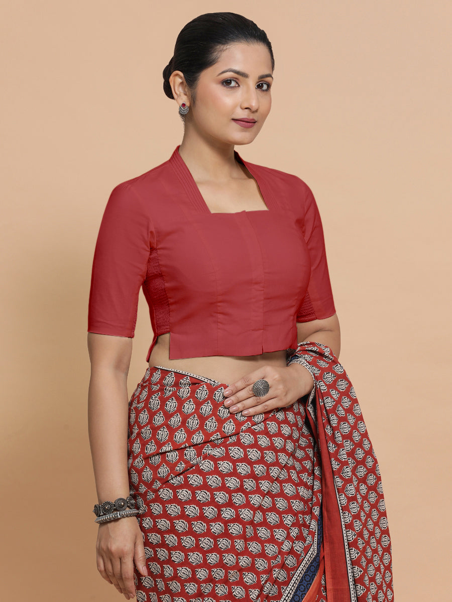 Ganga x Rozaana Saree Blouse, in Red 100% Cotton - Solid, featuring elbow sleeves and stylised neckline (view 7).