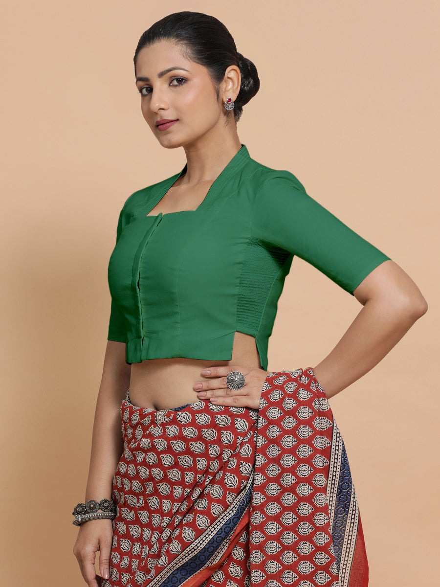 Ganga x Rozaana Saree Blouse, in Green 100% Cotton - Solid, featuring elbow sleeves and stylised neckline (view 6).