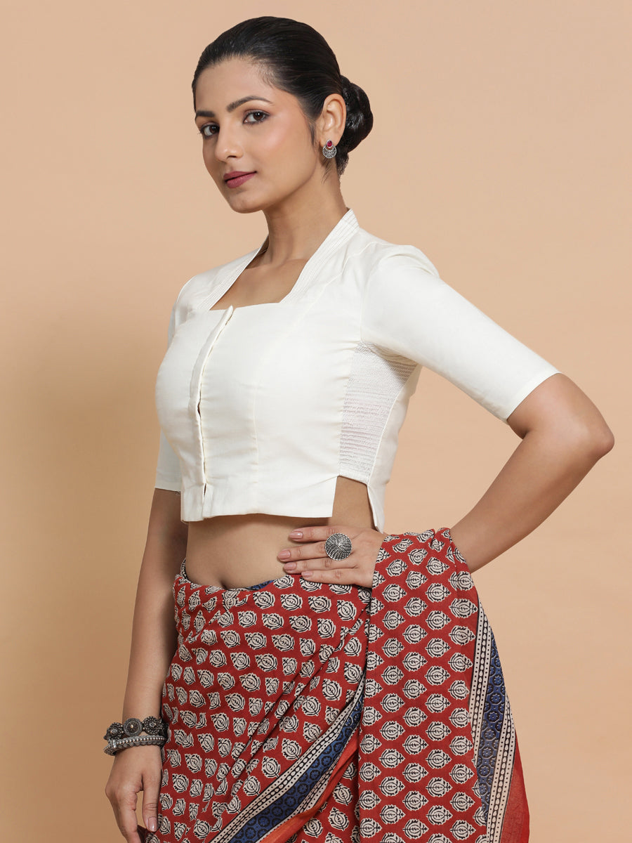 Ganga x Rozaana Saree Blouse, in White Cotton, featuring elbow sleeves and stylised neckline, made for daily & work (view 6).