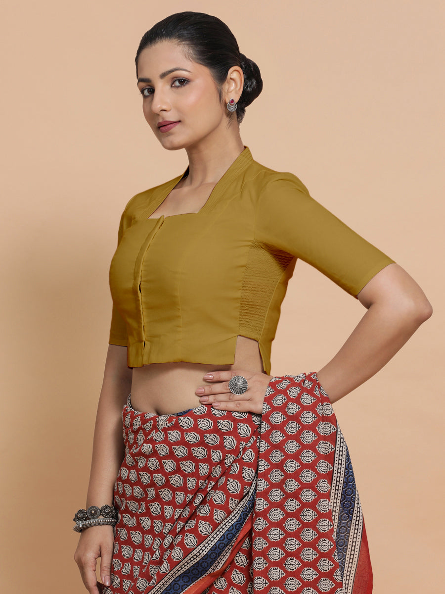 Ganga x Rozaana Saree Blouse, in Yellow Cotton, featuring elbow sleeves and stylised neckline, made for daily & work (view 5).