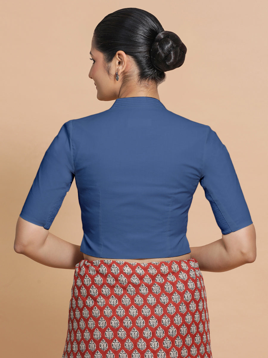 Ganga x Rozaana Saree Blouse, in Blue 100% Cotton - Solid, featuring elbow sleeves and stylised neckline (view 2).