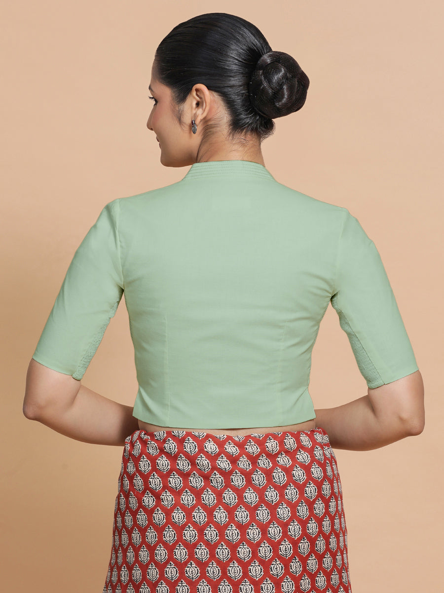 Ganga x Rozaana Saree Blouse, in Green Cotton, featuring elbow sleeves and stylised neckline, made for daily & work (view 2).