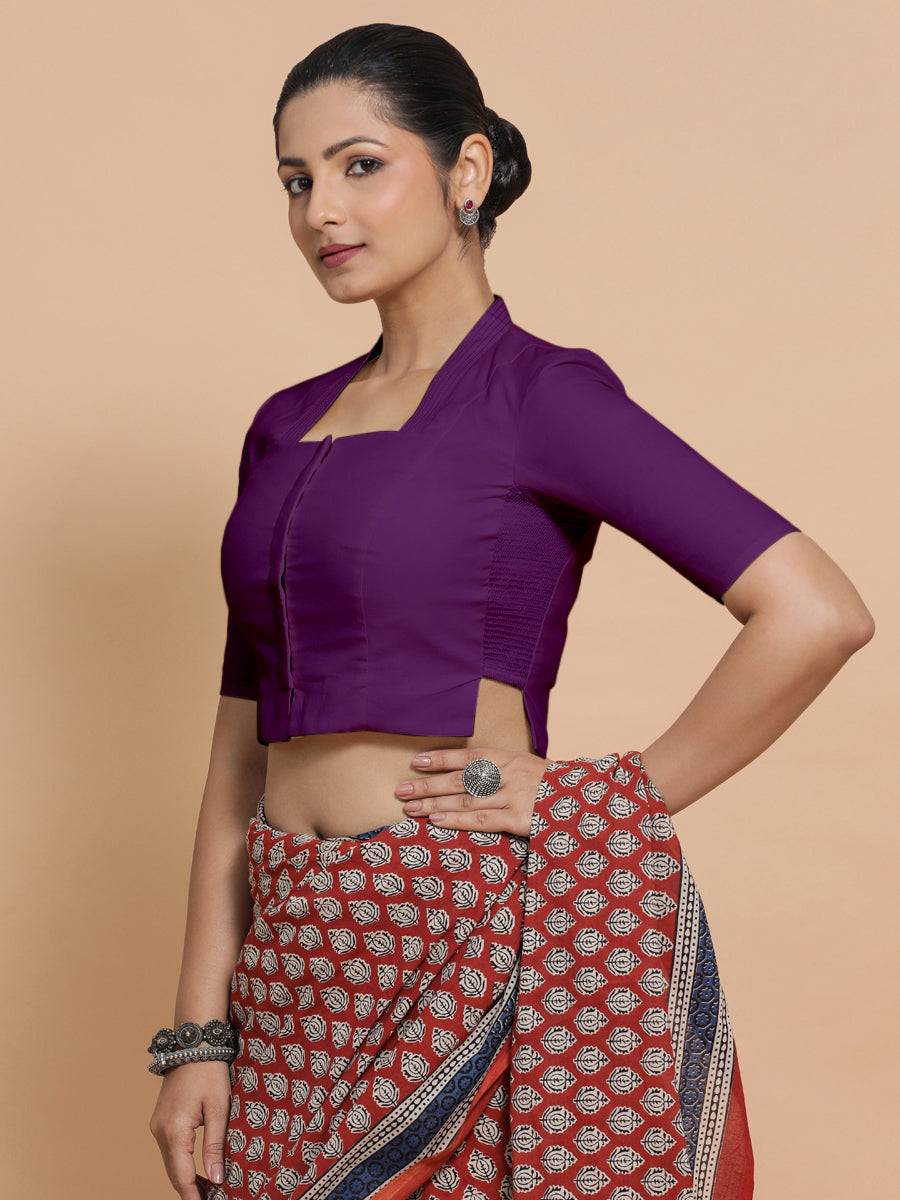 Ganga x Rozaana Saree Blouse, in Purple Cotton, featuring elbow sleeves and stylised neckline, made for daily & work (view 7).