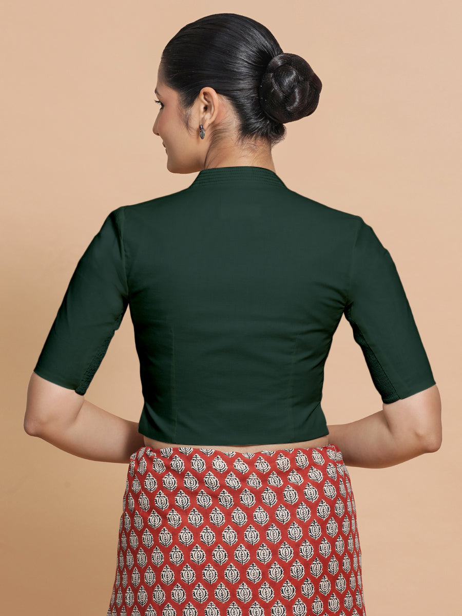 Ganga x Rozaana Saree Blouse, in Green Cotton, featuring elbow sleeves and stylised neckline, made for daily & work (view 2).