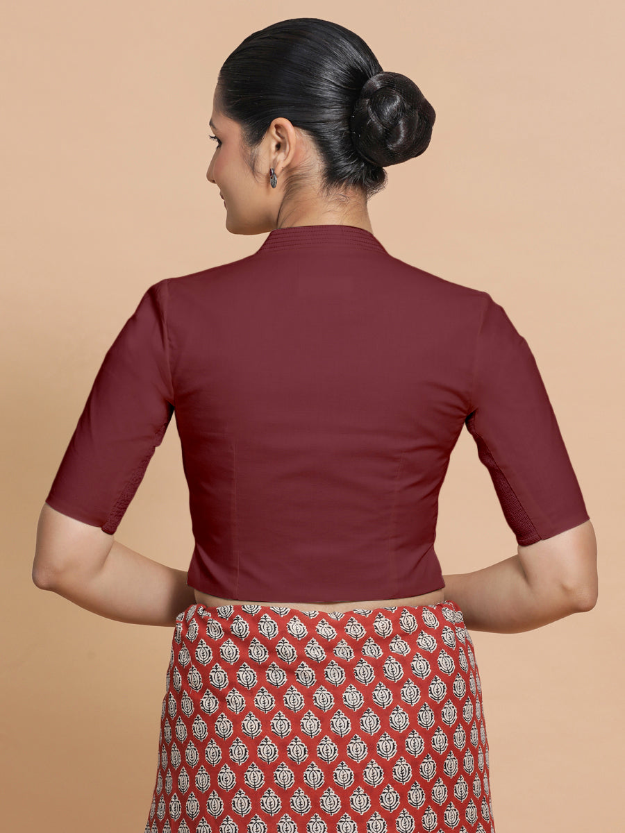 Ganga x Rozaana Saree Blouse, in Maroon Cotton, featuring elbow sleeves and stylised neckline, made for daily & work (view 2).