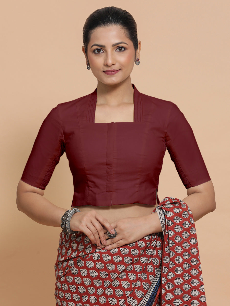 Ganga x Rozaana Saree Blouse, in Maroon Cotton, featuring elbow sleeves and stylised neckline, made for daily & work (view 6).
