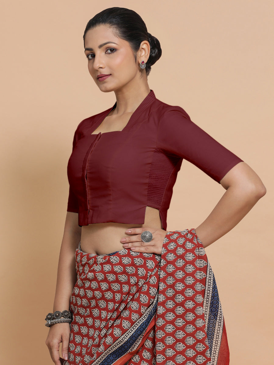 Ganga x Rozaana Saree Blouse, in Maroon Cotton, featuring elbow sleeves and stylised neckline, made for daily & work (view 7).