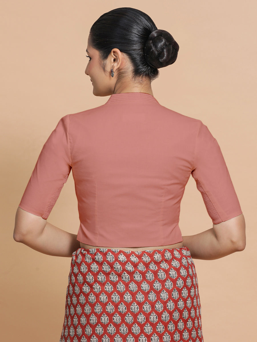 Ganga x Rozaana Saree Blouse, in Peach Cotton, featuring elbow sleeves and stylised neckline, made for daily & work (view 2).
