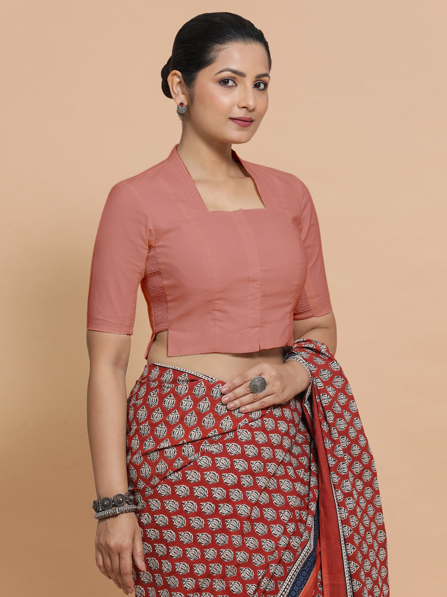 Ganga x Rozaana Saree Blouse, in Peach Cotton, featuring elbow sleeves and stylised neckline, made for daily & work (view 6).