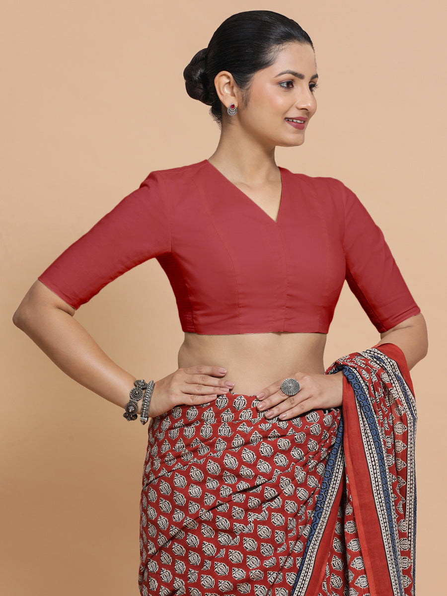 Garima x Rozaana Saree Blouse, in Red 100% Cotton - Solid, featuring elbow sleeves and v-neckline, made for daily & work.