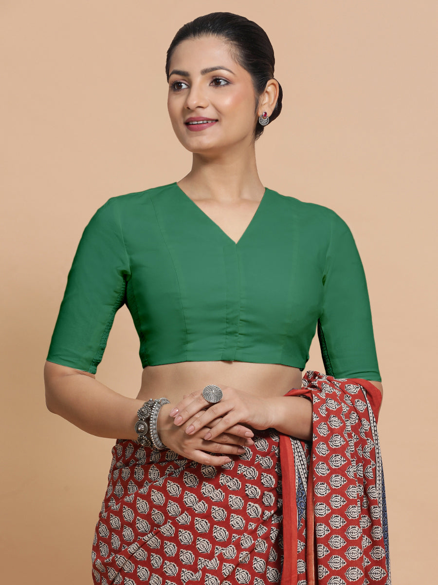 Garima x Rozaana Saree Blouse, in Green 100% Cotton - Solid, featuring elbow sleeves and v-neckline, made for daily & work.