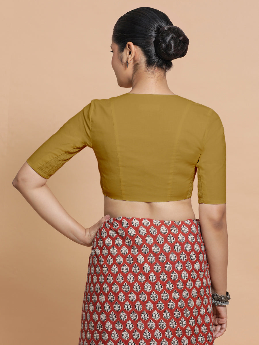 Garima x Rozaana Saree Blouse, in Yellow Cotton, featuring elbow sleeves and v-neckline, made for daily & work (view 2).
