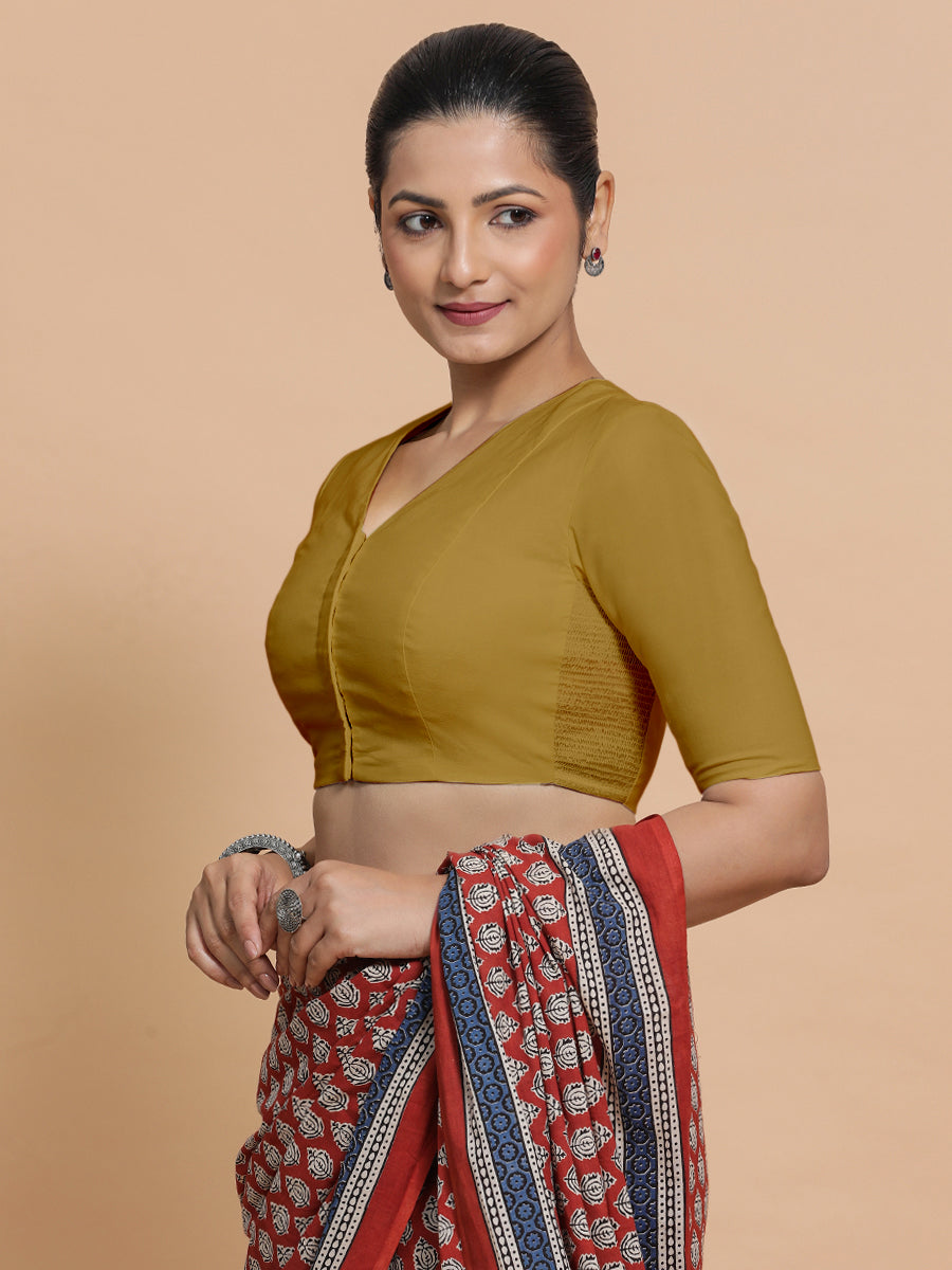 Garima x Rozaana Saree Blouse, in Yellow Cotton, featuring elbow sleeves and v-neckline, made for daily & work (view 5).